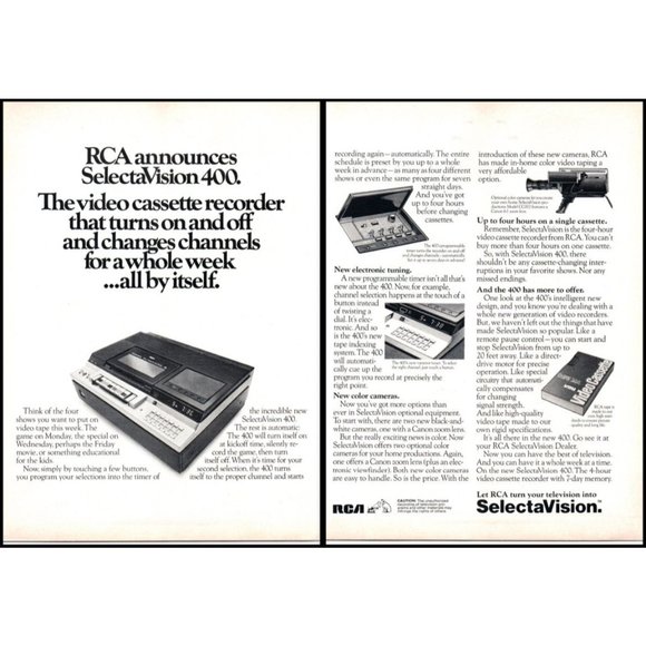 RCA Art 978 Rca Selectavision 40 Vcr 2 Page Vintage Print Ad 70s